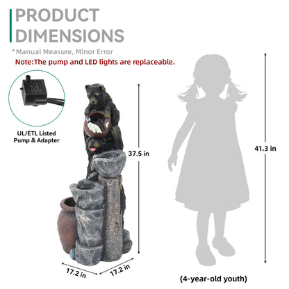Ultym 37.5" H Resin Playful Twin Bear Fountain Outdoor, Whimsical Multi-Tiered Stone Vessel Water Feature Outdoor with Lights, Soothing Cascading Waterfall for Patio, Backyard, Garden or Porch