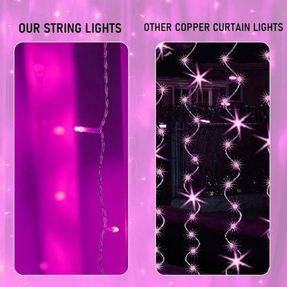 Dazzle Bright 300 LED Curtain String Lights - Waterproof Fairy Lights with 8 Modes | Pink for Bedroom & Party Decor