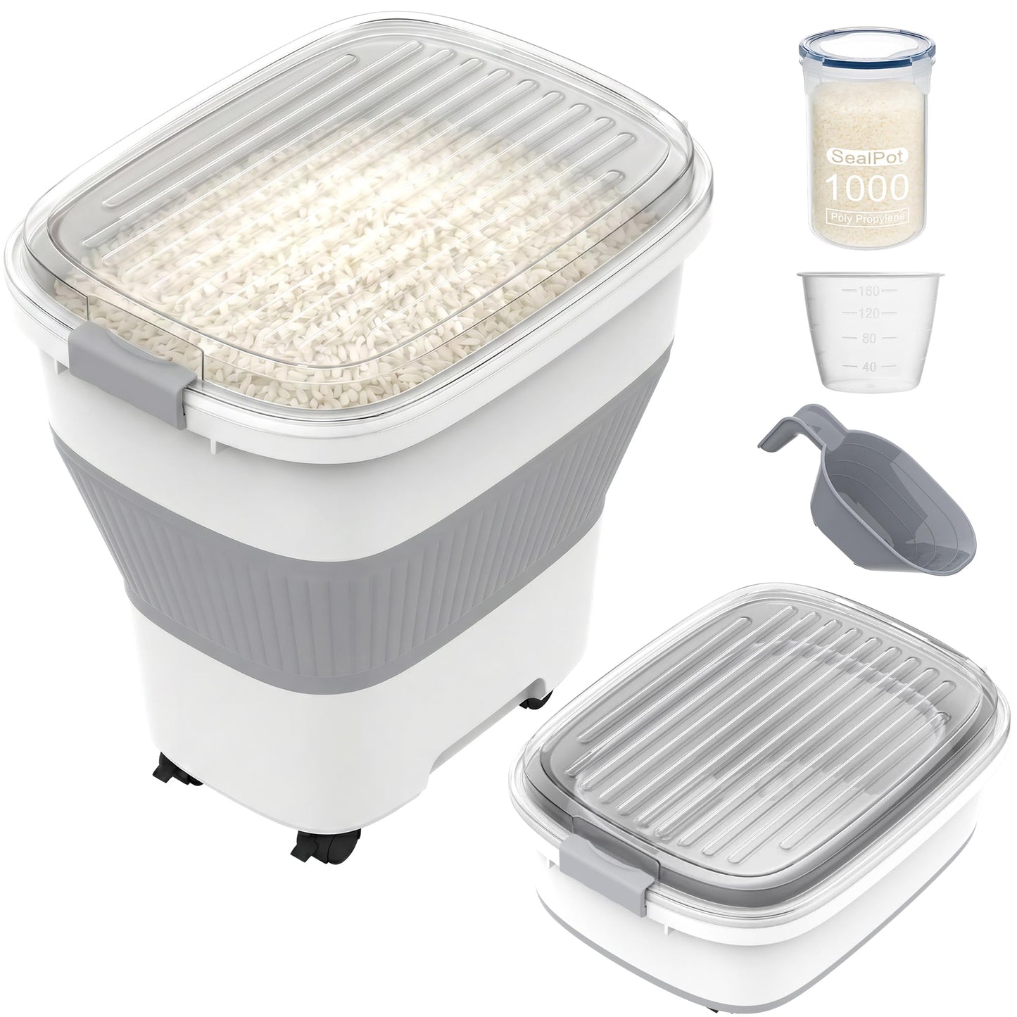 HOYTAMDAR 20-50Lbs Rice Container,Collapsible Food Storage Containers with Airtight Clear Lid,Wheels,Rice Storage Container with Small Bin and Scoop,Rice Dispenser for Flour Sugar Cereal Grain Dog Cat