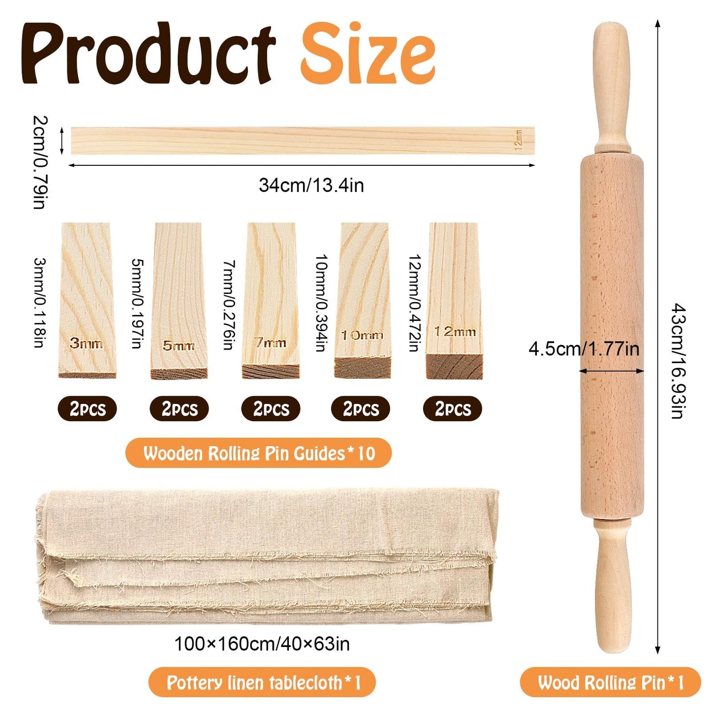 Akamino 20 Pcs Pottery Tools Include 1 Wood Rolling Pin,1 Portable Pottery Linen Tablecloth, 10 Pcs 5 Size Teaching Rolling Mud Stick Guide, 8 Clay Sculpting Tools for Manual Self Ceramic Clay Making