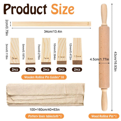 Akamino 20 Pcs Pottery Tools Include 1 Wood Rolling Pin,1 Portable Pottery Linen Tablecloth, 10 Pcs 5 Size Teaching Rolling Mud Stick Guide, 8 Clay Sculpting Tools for Manual Self Ceramic Clay Making