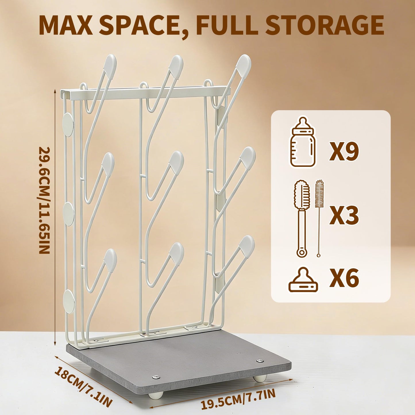 Taozun Bottle Drying Rack with 9 Hooks, Quick-Dry Diatomite Base with Stainless Steel Cup Stand, Vertical Space Saving Countertop Baby Organizer