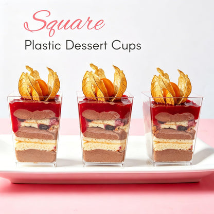 Zezzxu 5 oz Square Mini Dessert Cups with Spoons - 50 Pack Plastic Pudding & Parfait Cups Party Dessert Shooters for Serving Trifle Mousse Cake Appetizers