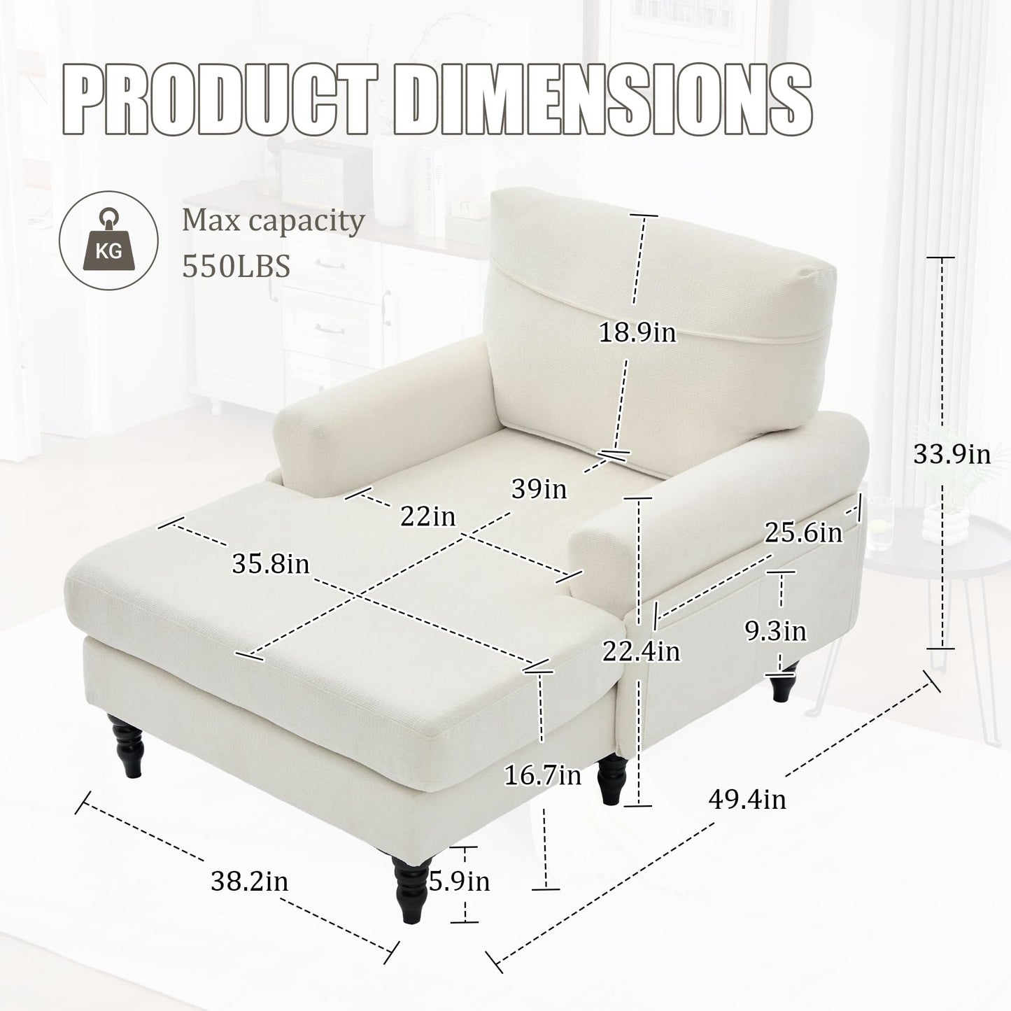 KEIKI Chaise Lounge Chair Indoor, Oversized Accent Chenille Armchair with Storage, Leisure Sleeper Single Sofa Side Chair, Corner Recliner Arm Chairs for Living Room Reading, Easy Assembly, Beige