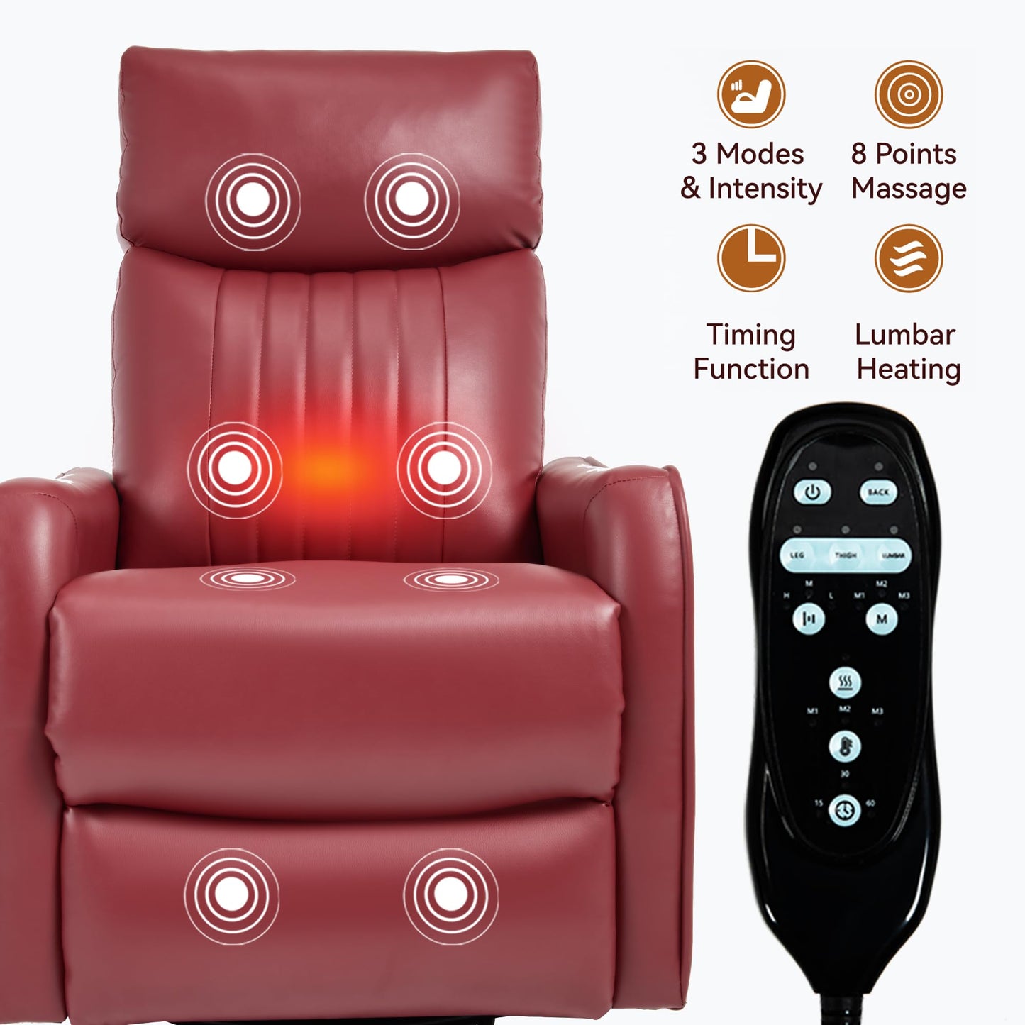 KEIKI 4-in-1 Manual Swivel Rocker Recliner Chair for Living Room, Faux Leather Nursery Glider Rocking Chairs with Back Massager & Heat, Engineered for Compact Apartment Comfort Lounging Daily, Red