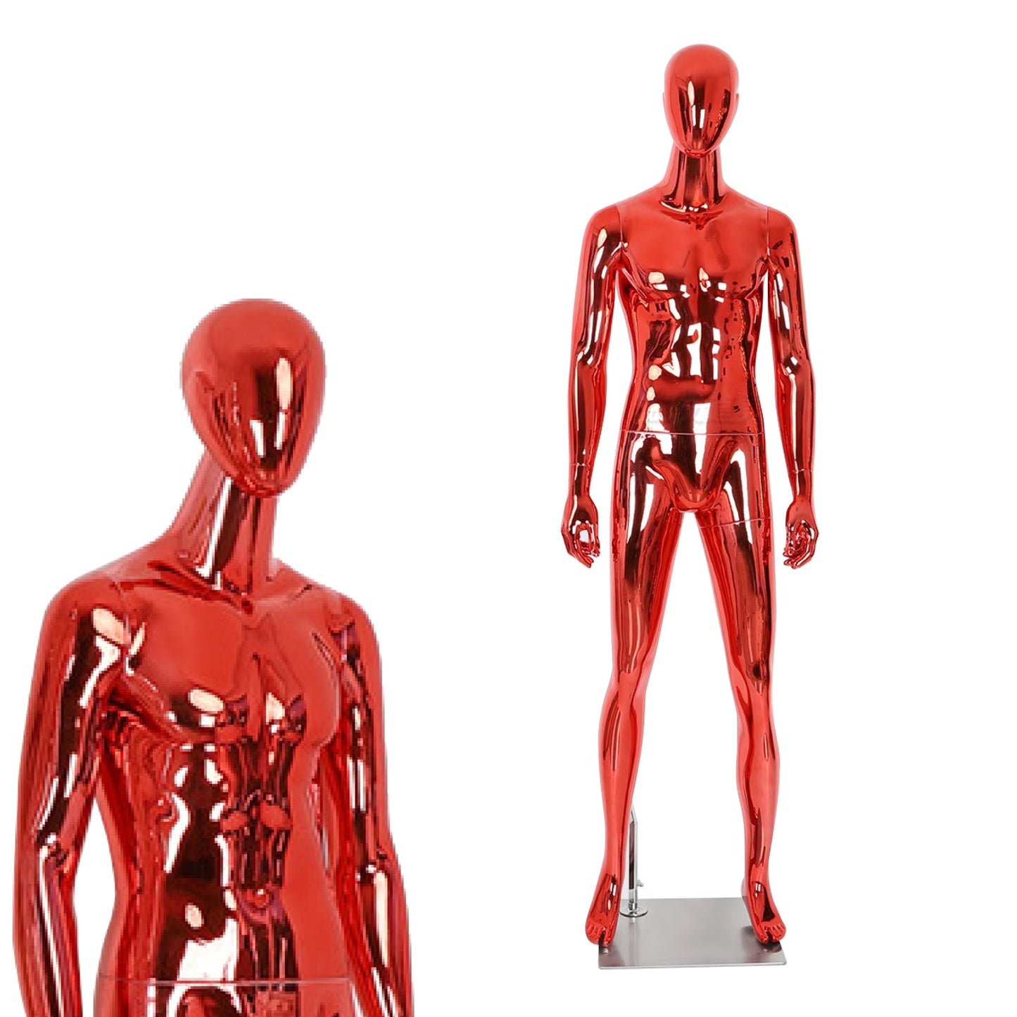 Full Body Male Mannequin with Chrome Metallic Finish, Fiberglass Abstract Dress Form with Posable Head, Futuristic Retail Display Dummy with Metal Base for Men's Fashion Window(Chrome Red)