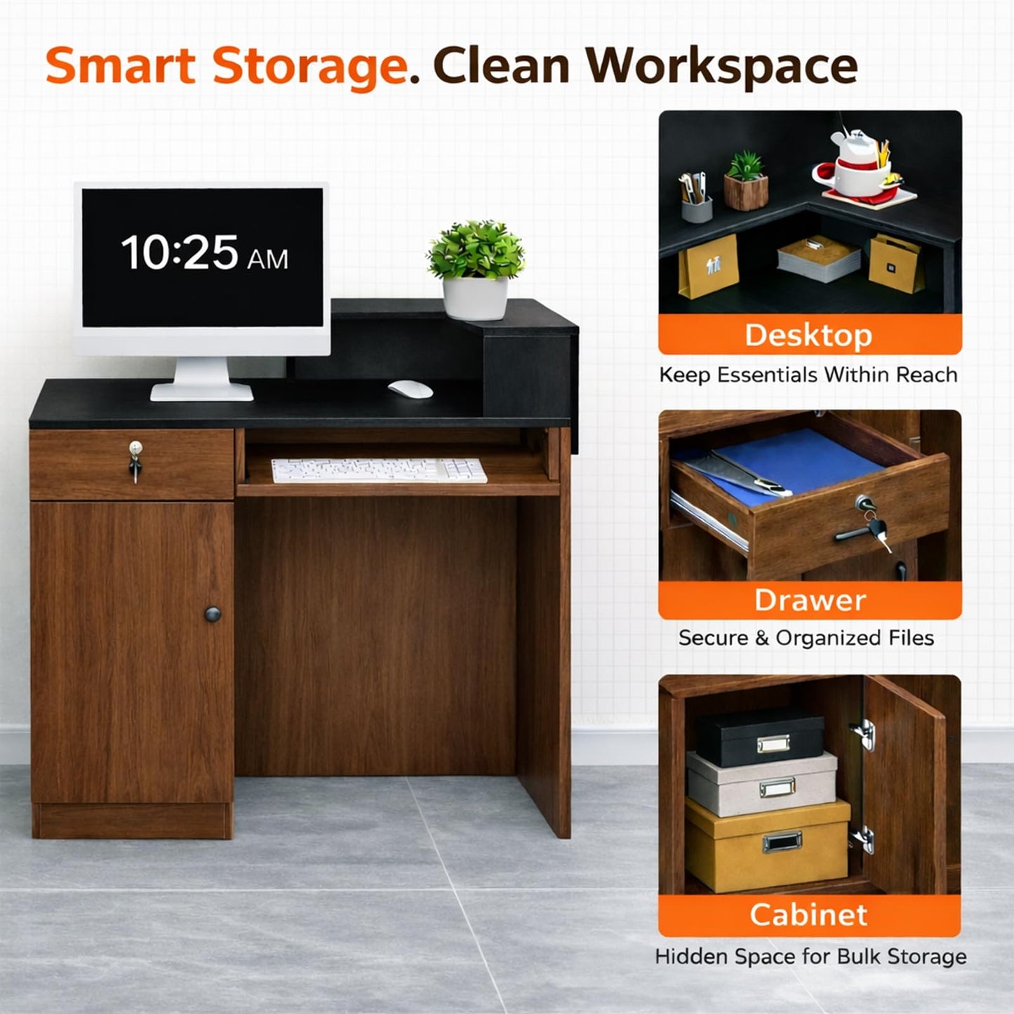 Modern Reception Desk with Storage Drawer & Counter Shelf, 39.4" Front Counter Reception Table for Office, Salon, Lobby, Retail Store (Walnut, Left Table)