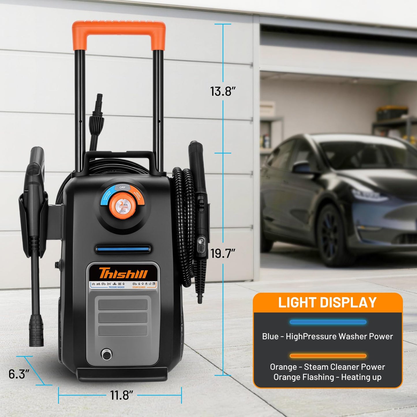 This Hill 2-in-1 Pressure Washer and Steam Cleaner, 3000 PSI 2 GPM Power Washer, 1500W Steam Cleaner with 1L Tank, Portable Cleaning Machine for Car Detailing, Patio, Tile, Grout, Furniture