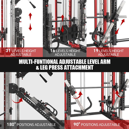 FAGUS H Red Commercial Smith Machine with Smith Bar, 4000LBS Power Cage Squat Rack with Lever Arm, Leg Press, LAT Pull Down System, Multi-Function Linear Bearing Cable Crossover Machine for Home Gym