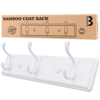 Badiano Wooden Coat Rack, Wall-Mounted Organizer for Closet, Entryway, Hallway, Foyer, Bedroom, Heavy Duty Double Hooks for Hanging Towels, Bags, Hats, Jackets, Key (White, 3 Hooks)