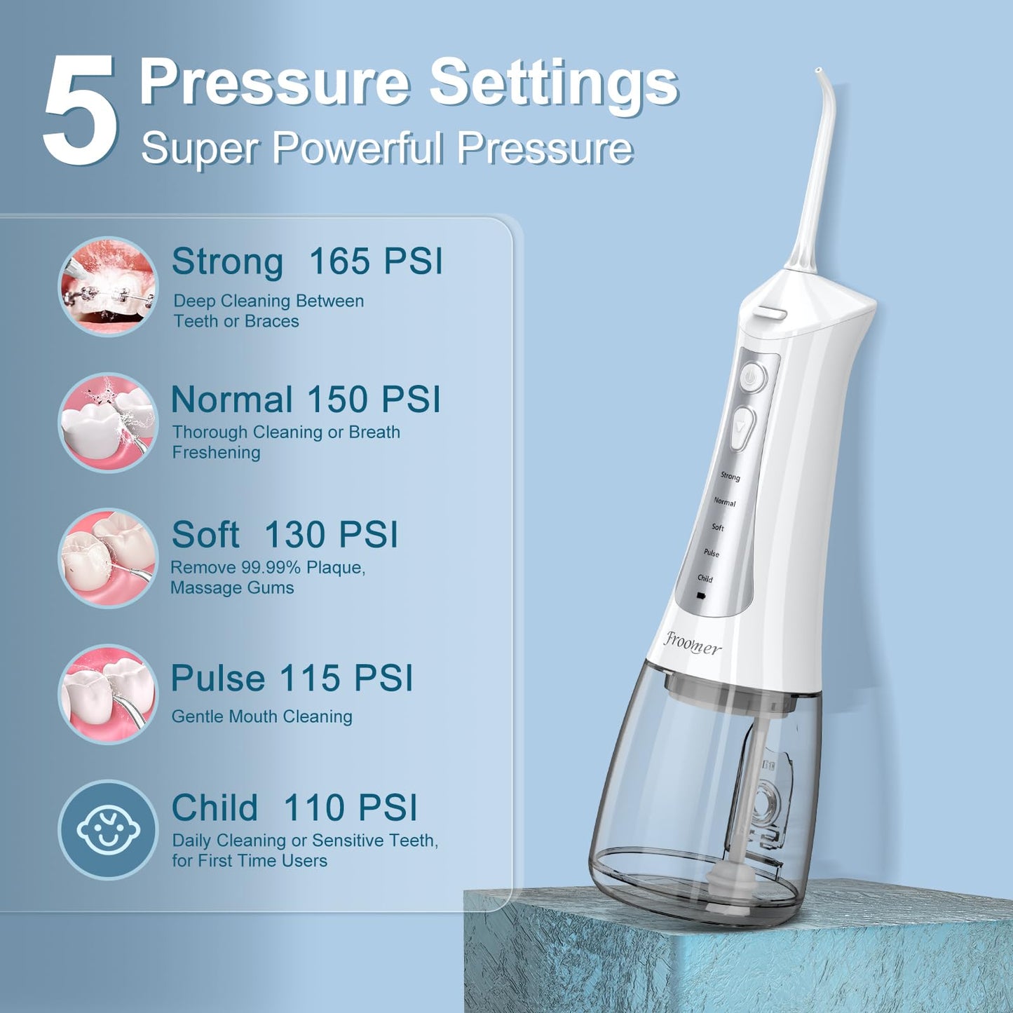 Froomer Water Flosser，Water Dental Forsser for Teeth Clean, 5Modes 4 Jet Tips,Rechargeable Portable Water Flossers for Teeth,300ML Tanks for Travel Friendly(Black