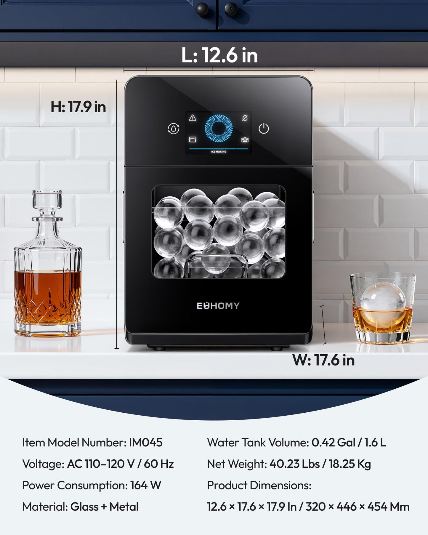 EUHOMY 2.4" Ice Ball Maker Countertop, 3Pcs Ready in 40Mins, 108Pcs/Day, Self-Cleaning Sphere Ice Maker Machine with Crystal Clear Ice, Round Ice Cube Maker for Whiskey & Bourbon