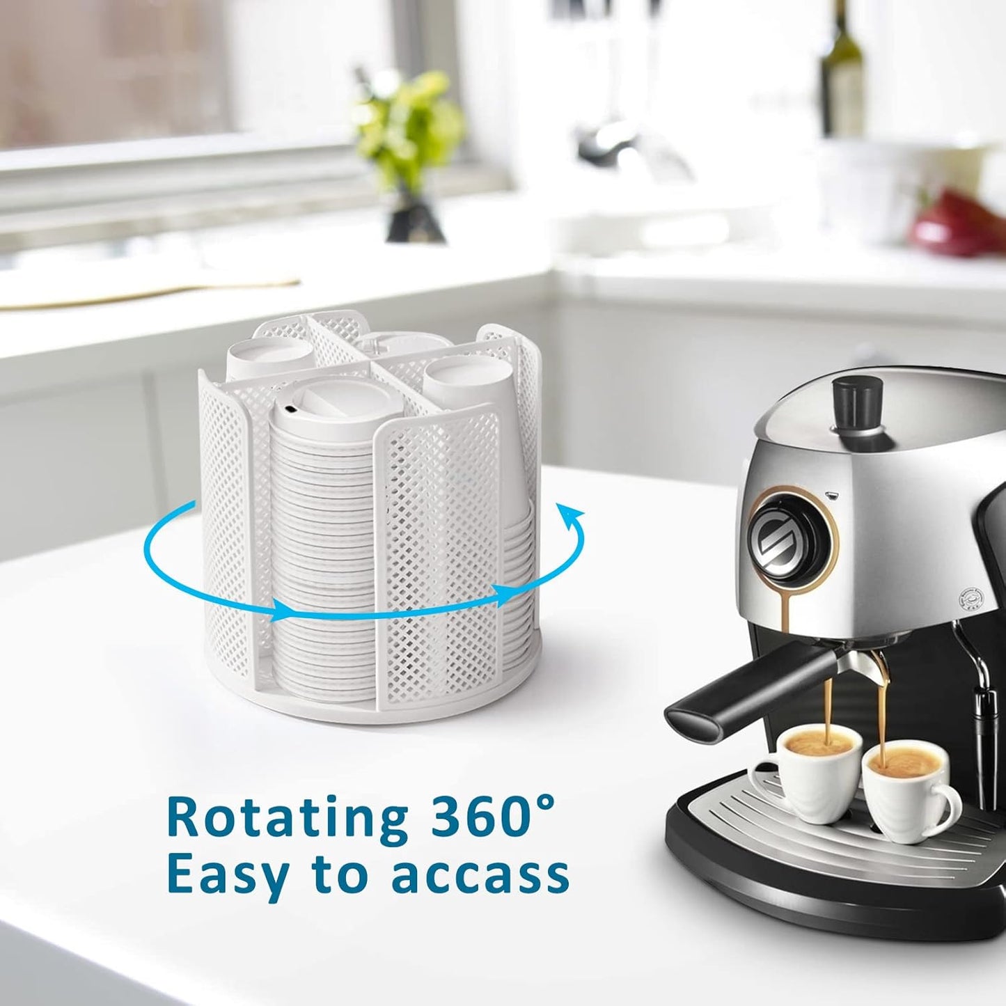 Rotating Cup and Lid Organizer, 4 Compartment Dispenser for Bathroom, Coffee Station, Kitchen Cabinet