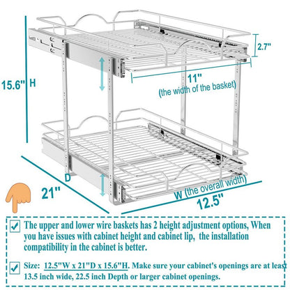 OCG 2 Tier Pull Out Cabinet Organizer (12.5" W x 21" D), Pull Out Drawers for Kitchen Cabinets, Pull Out Shelves for Base Cabinet Organization in Kitchen Bathroom Pantry, Chrome Finish