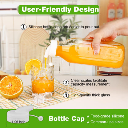 CARBLIN 32 Oz Glass Milk Bottles, 2 Pack Scale Mark Drinking Jug with 2 Nut Milk Bags& Airtight Screw Lid & Silicone Pour Cap& Stickers, 1 Quart Reusable Juice Bottle Water Pitcher for Coffee Yogurt