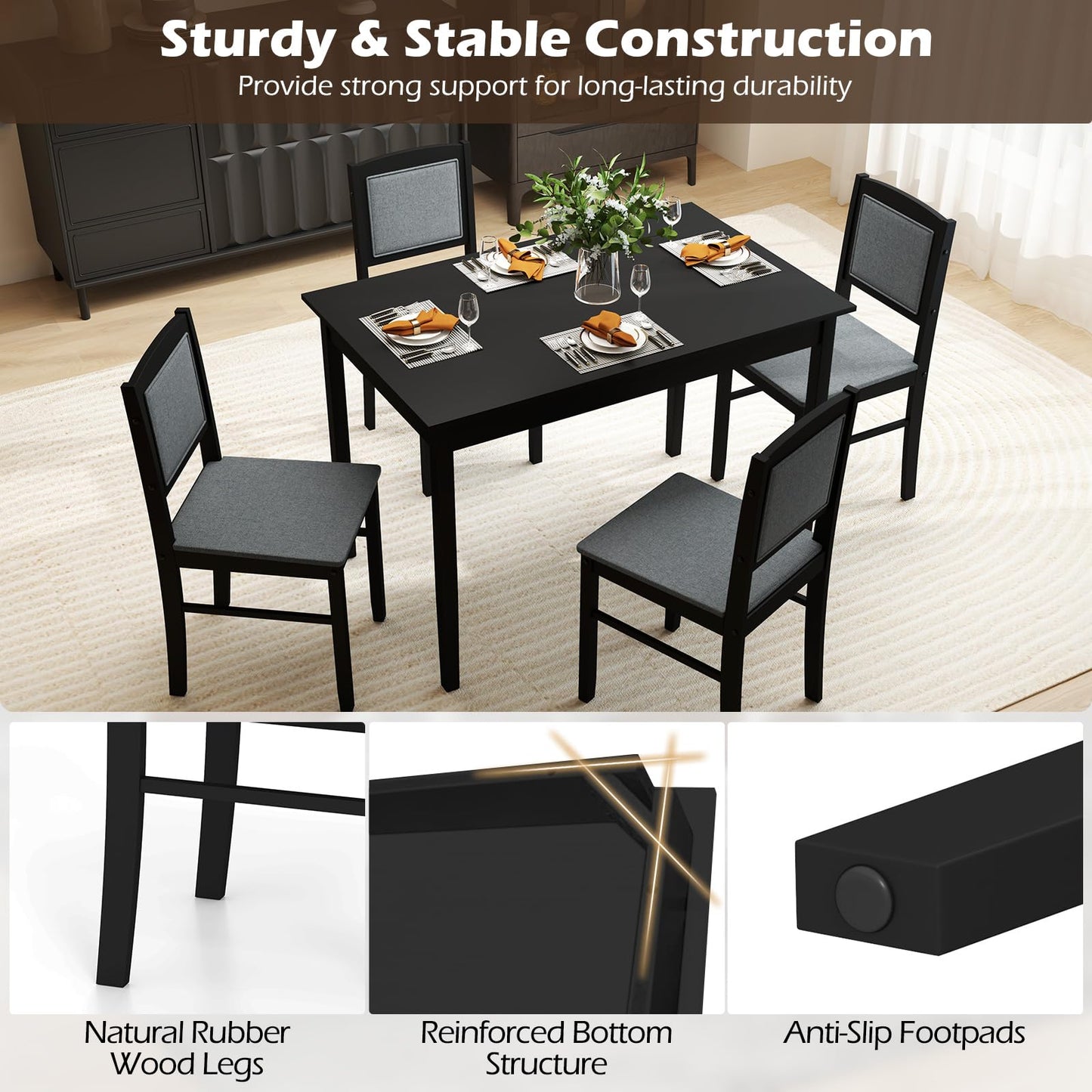Giantex 5-Piece Dining Table Set for 4, Wooden Kitchen Table and Chairs with Solid Rubber Wood Legs, Padded Seat & Backrest, Space Saving Dinette Set for Home Dining Living Room, Breakfast Nook