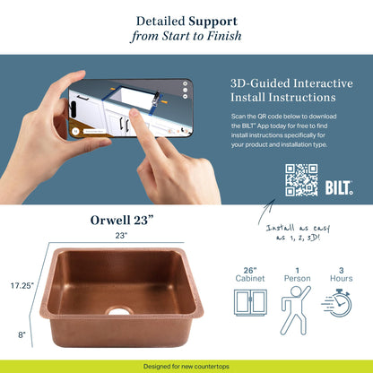 Sinkology Orwell 23 Inch Undermount Copper Kitchen Sink Single Bowl – Handcrafted Solid Pure Copper, Hand-Hammered Finish, Space-Saving Design, Fits 26 Inch Cabinet