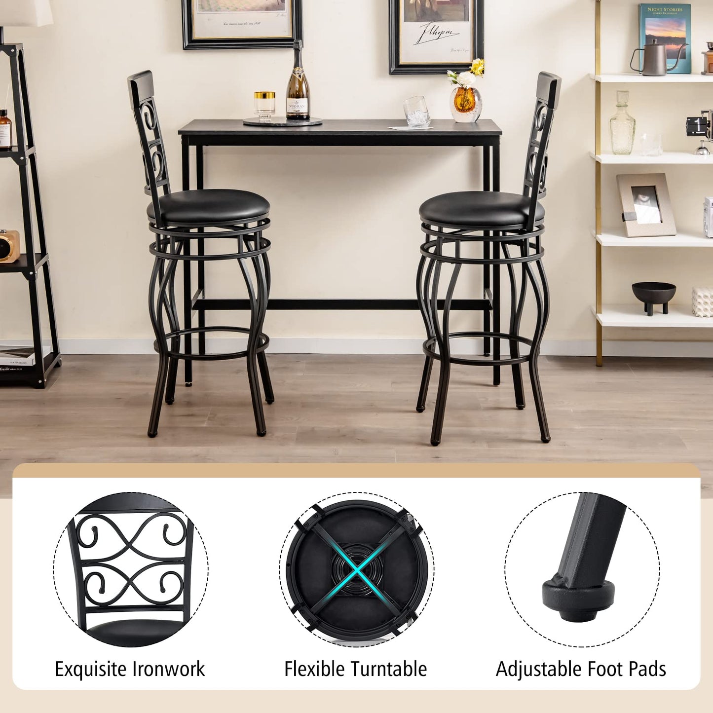 COSTWAY Bar Stools Set of 4, 360 Degree Swivel, 30" Bar Height Bar stools, with Leather Padded Seat Bistro Metal Vintage Chairs with Back for Kitchen Island, Pub (Set of 4)