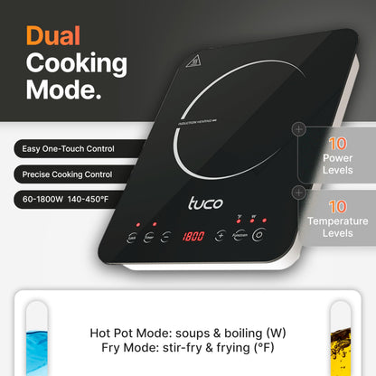 TUCO Portable Induction Cooktop Burner Hot Plate Electric Stove with Shatter-Proof Ceramic Glass, LCD Sensor Touch, ETL Certified, 20 Cooking Modes, 1800 Watts