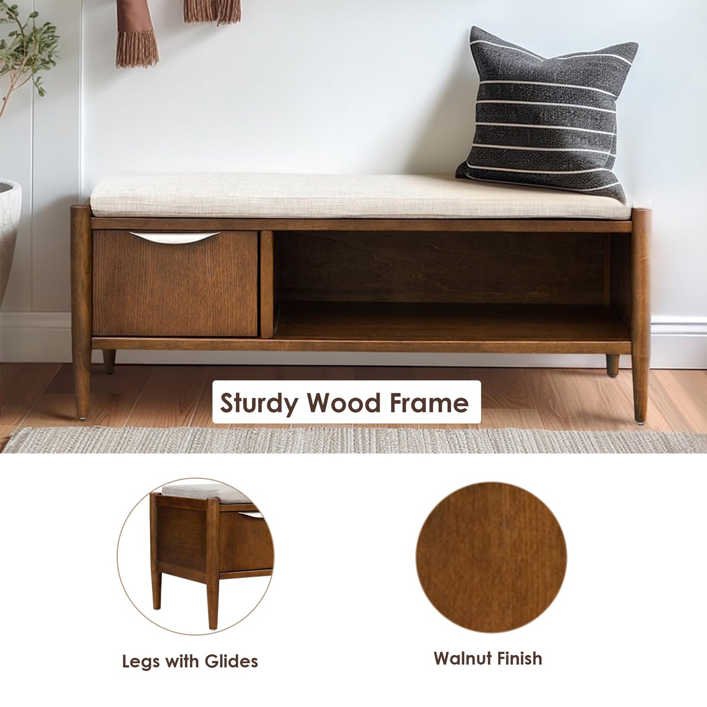 Ink+Ivy Arcadia Entryway Accent Bench with Shelf Shoe Rack, Padded Seating Bench for Living Room, Modern Compact Bed End Bench with Storage for Bedroom Seating, Removable Cushion, 42" W, Walnut Brown