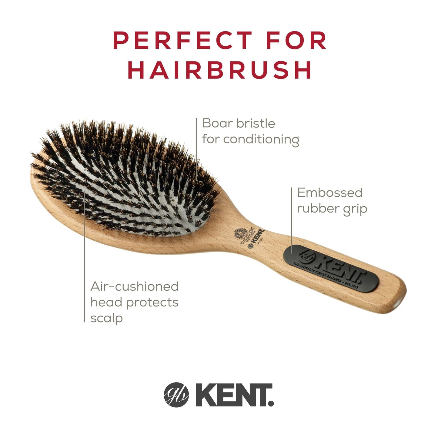 Kent PF01 Large Cushion Detangler Brush, Boar Bristle and Non-Scratch Nylon Mix Hairbrush for Straightening Smoothing. Oval Wood Paddle Detangling Hair Brush for Medium to Long Hair, Made in England