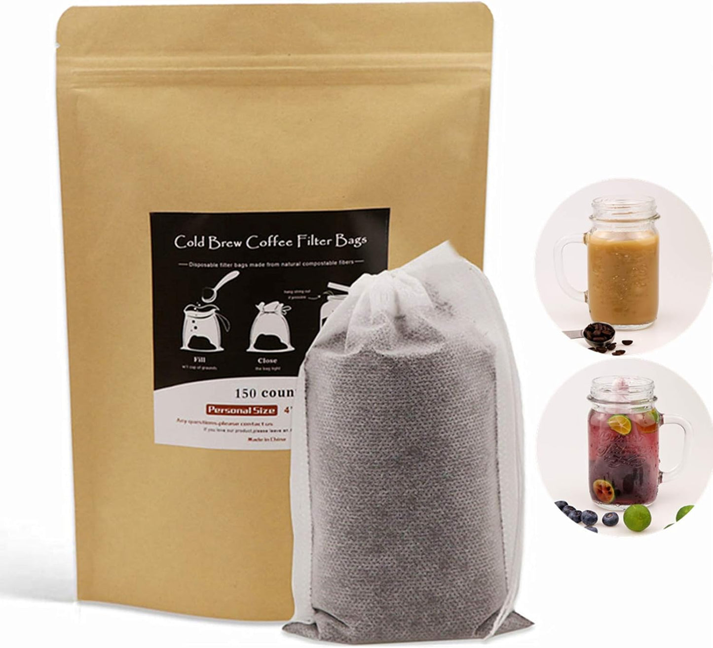No Mess Cold Brew Coffee Filters - 150 Count Disposable Fine Mesh Bags for Iced Coffee Maker, 4"x 6"