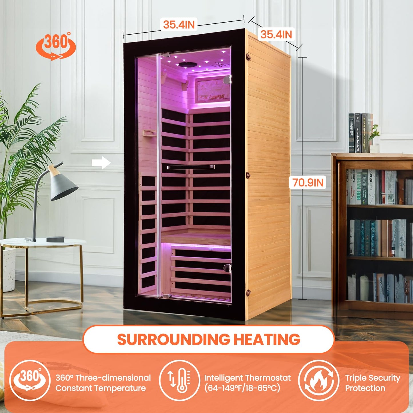 OUTEXER One Person Sauna Far Infrared Saunas Room Canadian Hemlock 1450W Dry Saunas Spa with 7 Starry Sky Light 35.4 * 35.4 * 70.8inch