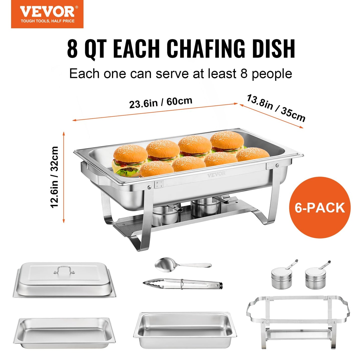 VEVOR Chafing Dish Buffet Set, 8 Qt 6 Pack, Stainless Chafer with 6 Full Size Pans, Rectangle Catering Warmer Server with Lid Water Pan Folding Stand Fuel Holder Tray Spoon Clip, at Least 8 People Eac