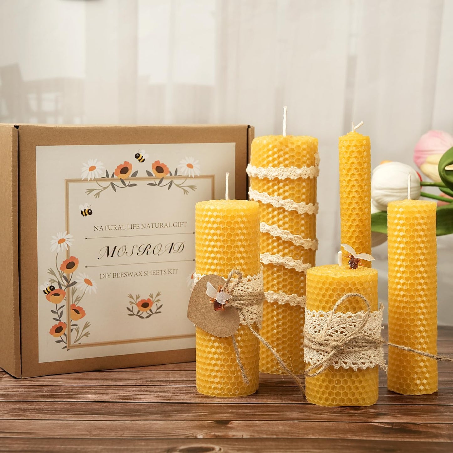 MOSROAD Beeswax Sheets for Candle Making, 30Pcs DIY Beeswax Candles Rolling Kit for Kids & Adults, Natural Honeycomb Sheets (8 x 8 Inch) with Cotton Wick, Bee Ornaments, Lace Ribbon and Hemp Rope