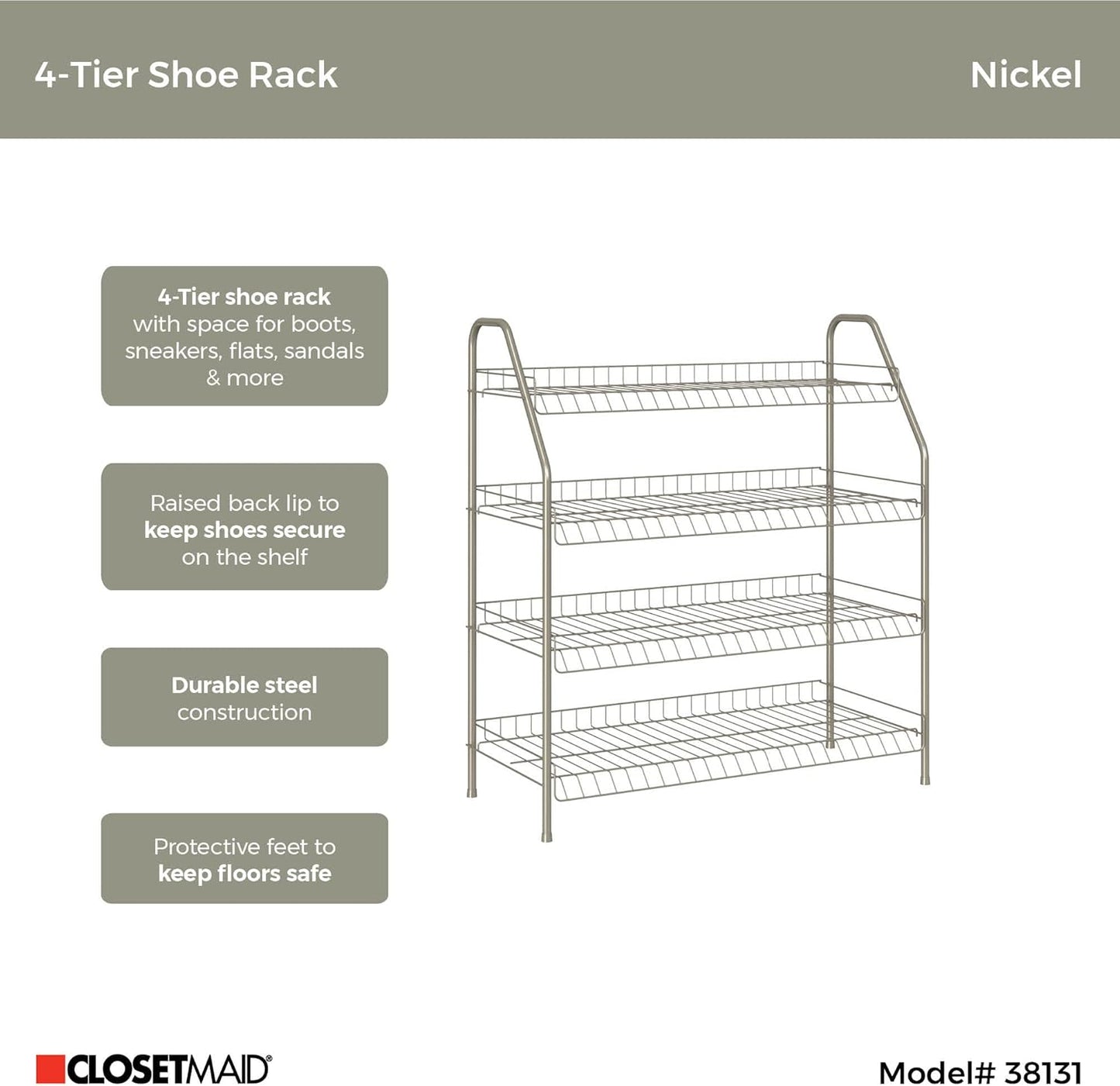 ClosetMaid 4-Tier 12 Closet, Wire Shoe Rack Organizer, Nickel Finish, Easy to Assemble, Holds Pairs, for Bedroom