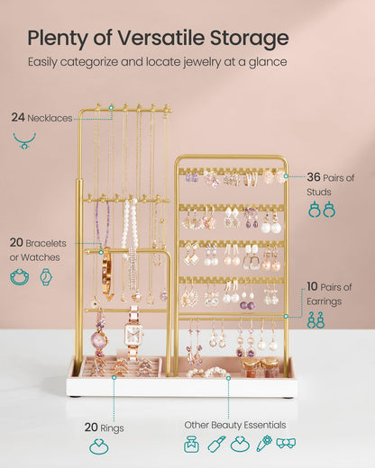SONGMICS Jewelry Holder, Jewelry Storage Organizer Stand with Metal Frame, Velvet Tray, 12.1 to 18.7 Inches Tall Height Adjustable Necklace Holder, for Rings, Earrings, Pale Gold UJJS026A01