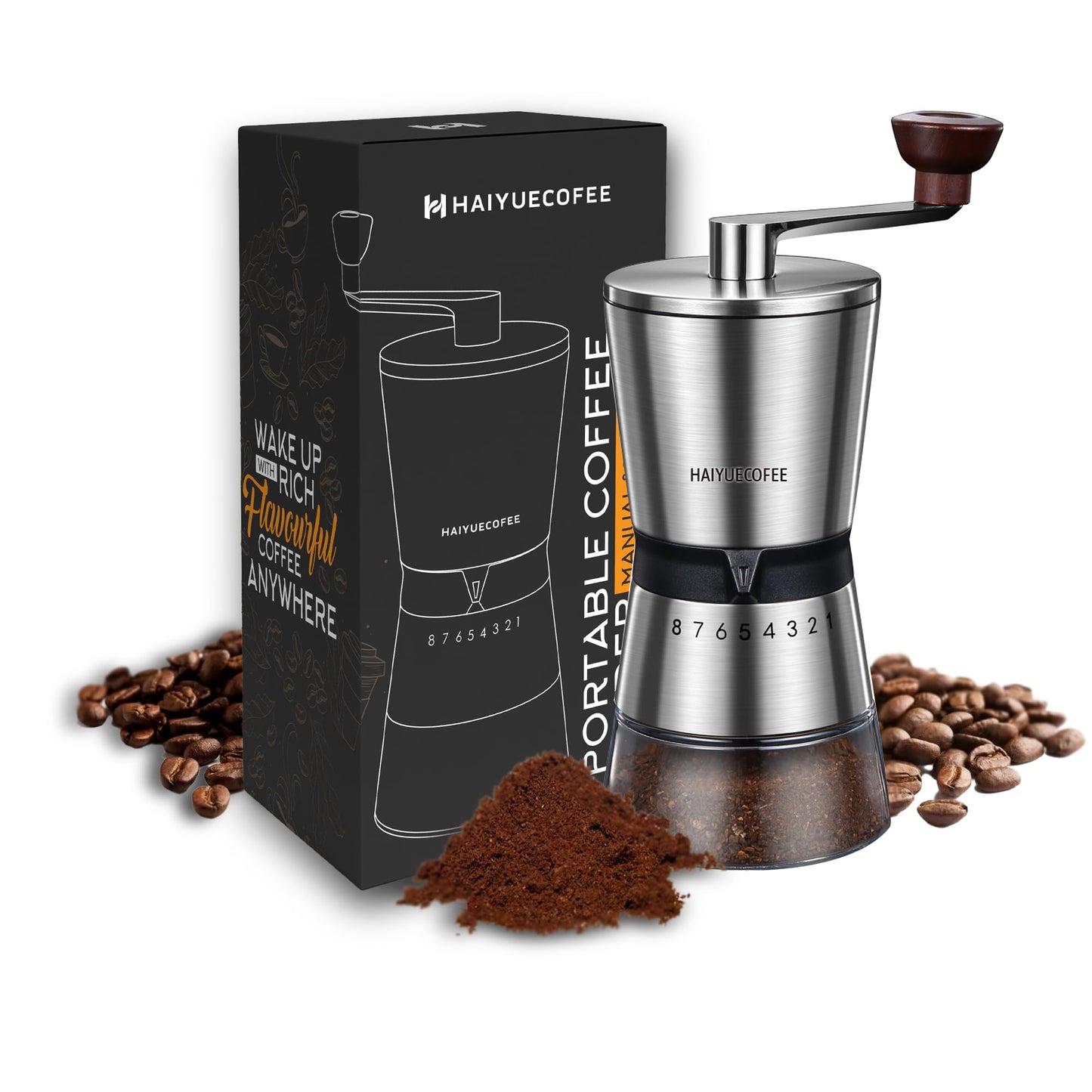 HAIYUECOFEE Manual Coffee Grinder with 8 Adjustable Coarseness Settings, Hand Crank Coffee Mill with Ceramic Burr for Espresso Beans, French Press, Pour Over, Drip Coffee – Rustproof, Non-Dulling