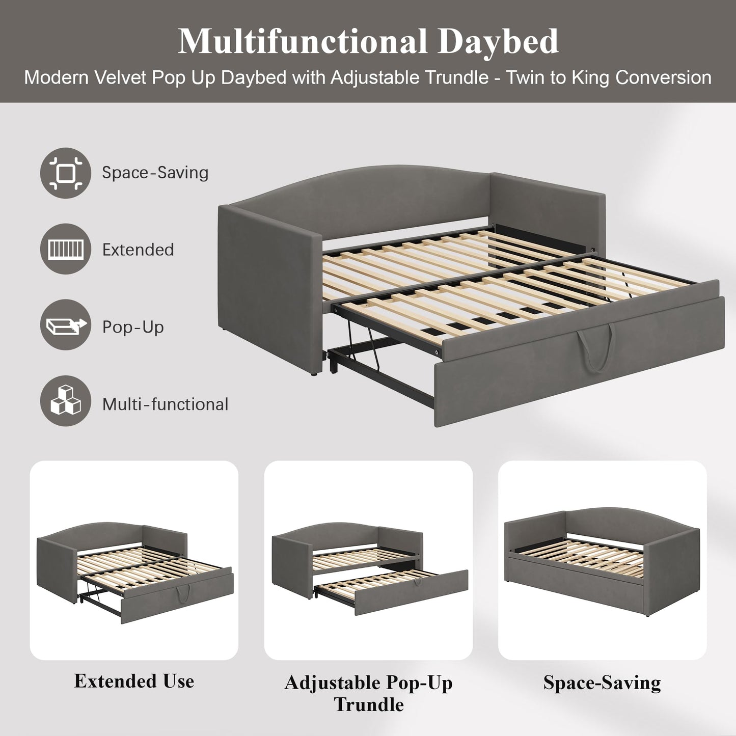 Merax Twin Size Velvet Daybed with Extended Pop Up Trundle, Upholstered Sofa Bed Daybed, Space-Saving Twin to King Design for Guest Room, Mattress not Included, Gray