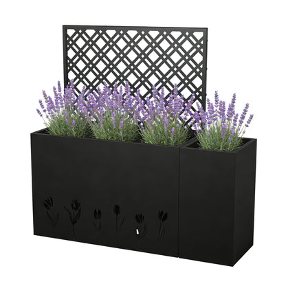 Pasirou 2-Piece Metal Planter Box with Trellis- 23.6in Depth Raised Garden Bed for Outdoor Indoor Use, Galvanized Steel Flower Planter with Drainage Holes