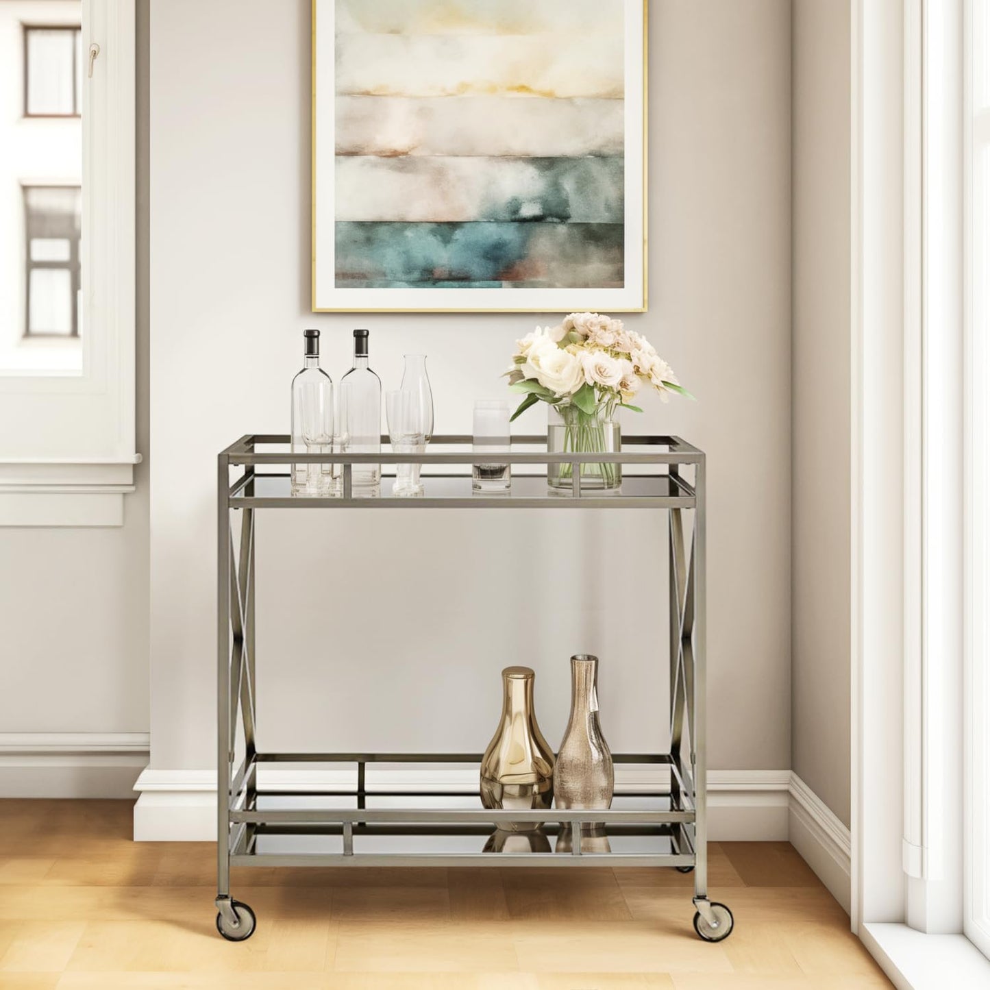Kristensen Mirrored & Antique Gold Finish Serving Cart - Antique Gold - Serving Cart with Mirrored Top & Shelf - Elegant Finish