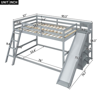 Merax Modern Full Over Full Wood Bunk Bed with Ladders and Slide, Floor Bunk Bed Frame with Storage Shelves, No Box Spring Needed, Space-Saving Grey