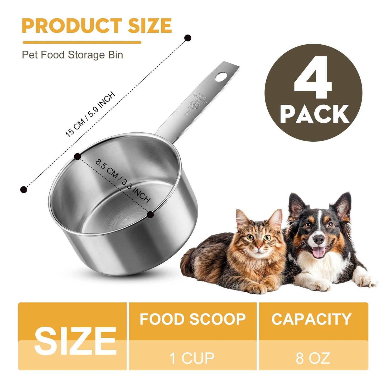 Ashmacdo 4Pcs 1 Cup Measuring Cup,Stainless Steel Measure Cups Metal Scoops for Wet and Dry Ingredients, Great Kitchen Gadgets for Cooking (1 Cup)
