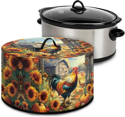 Slow Cooker Dust Cover with Oval Rooster Sunflowers Print, Fits 6-8 Quart Slow Cooker, Pocket Included