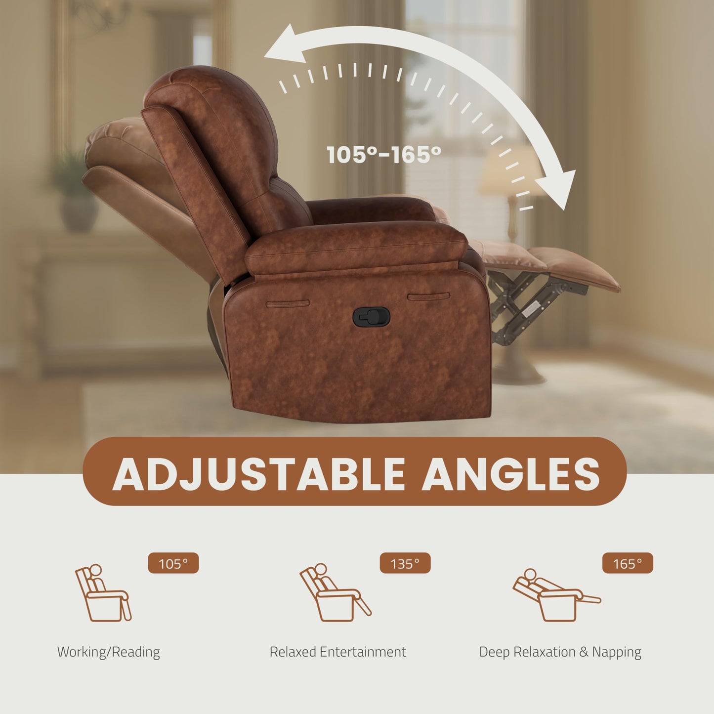 Attalee Leather Swivel Rocker Recliner Chair, Traditional Manual Chair, Upholstered Nursery Glider Rocking Recliner, Comfy Faux Leather Single Sofa with Pocket Spring for Living Room, Camel