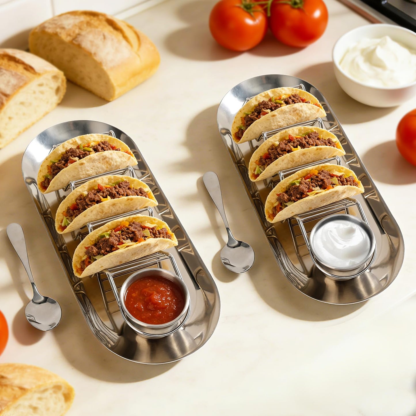 Fernlandia Taco Holders Set of 2 - Stainless Steel Taco Stand Rack with Tray, Sauce Cups & Spoon, for Party, Dishwasher Safety