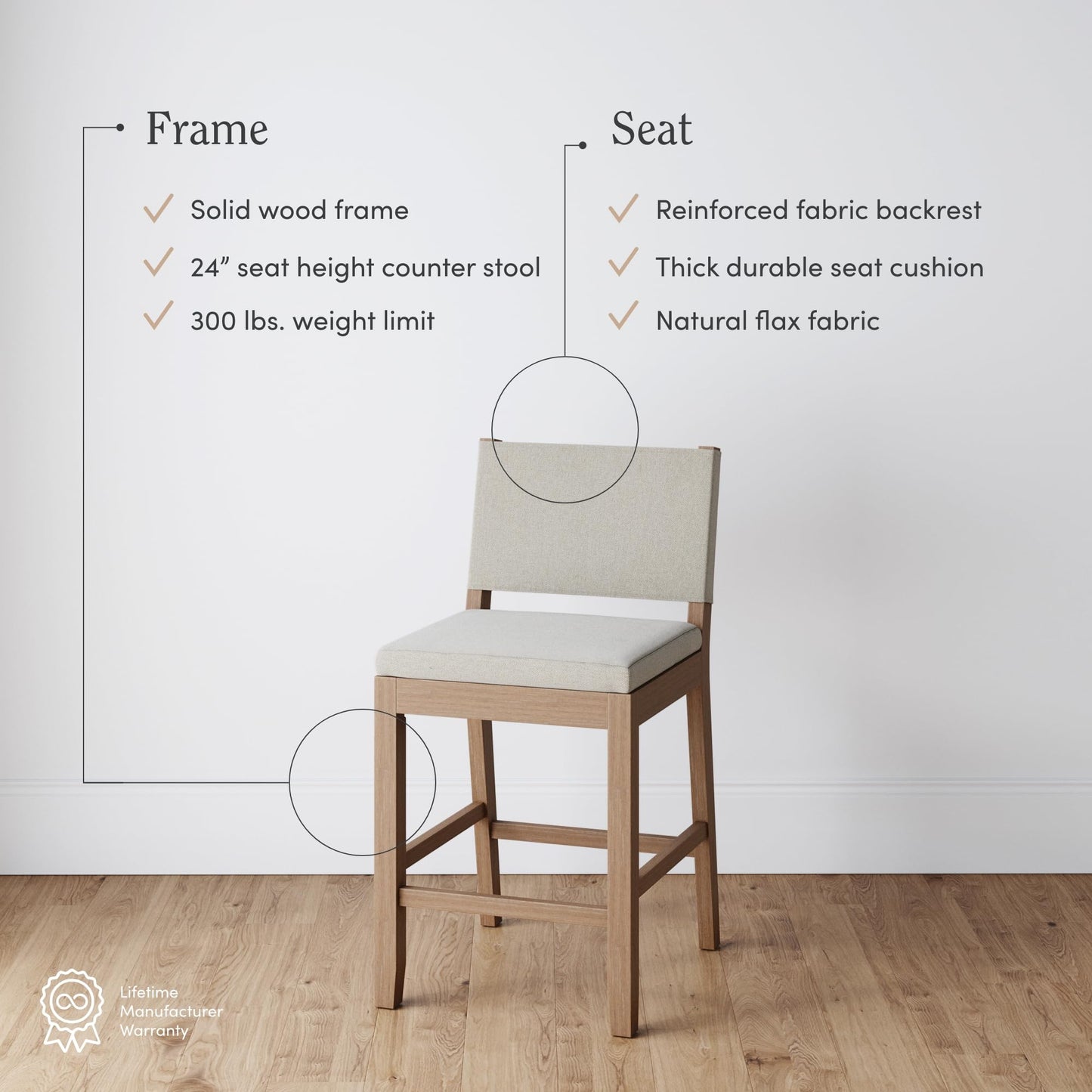 Nathan James Linus Modern Upholstered Counter Height Bar Stool with Back and Solid Rubberwood Legs in a Wire-Brushed Light Brown Finish, Natural Flax/Brown, Set of 4