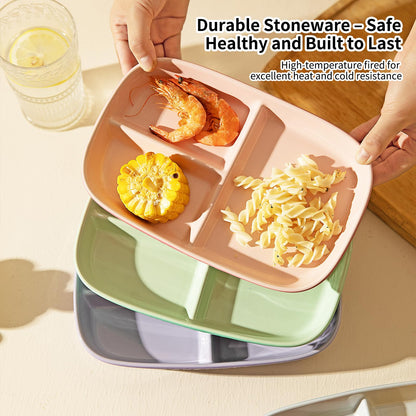 MDZF SWEET HOME Portion Control Plate for Weight Loss, Ceramic Divided Plates with 3 Compartments for Adults and Kids, Dishwasher and Microwave Safe (Purple)