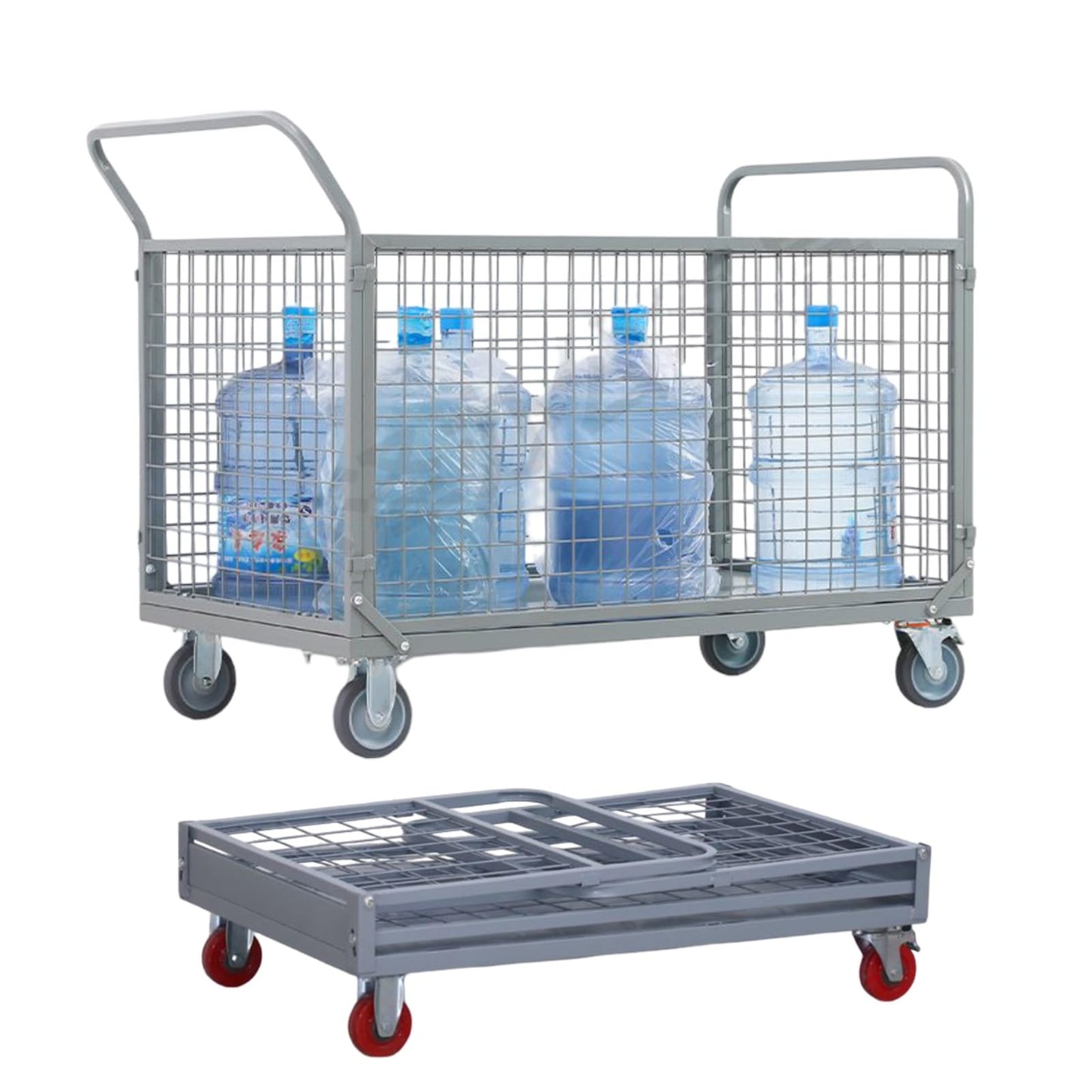 Foldable Platform Hand Truck Cart with Cage, 2000 LBS Heavy Duty Capacity, Multi-Functional Push Cart for Supermarkets and Warehouse Transport