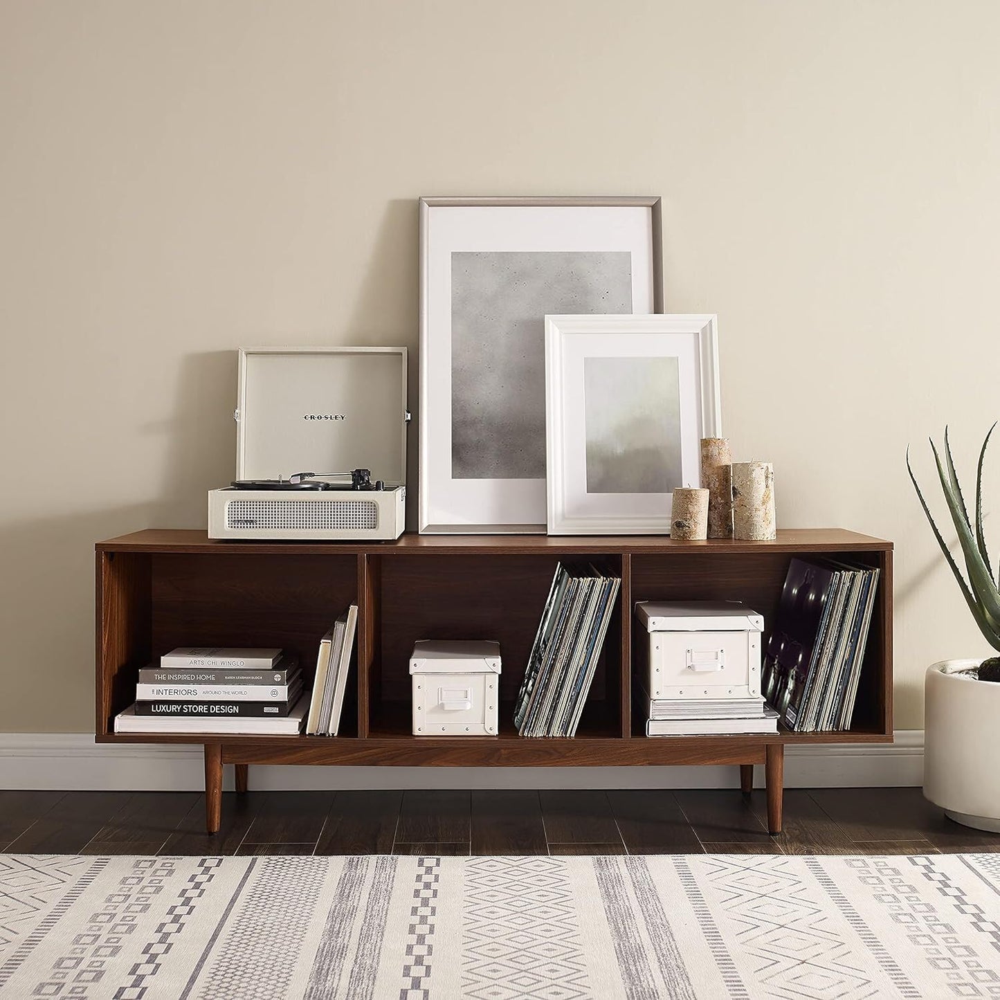 Maykoosh French Record Storage Console - Adjustable Rustic Cabinet for Vinyl & Media Large/Walnut