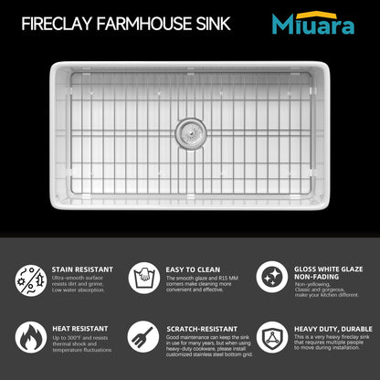 Miuara Farmhouse Sink 33 Inch - Apron Front Kitchen Sink Reversible 33"x18"x10", Undermount Installation, Farm House Style Single Bowl, Solid Fireclay, Glossy White, for Kitchen