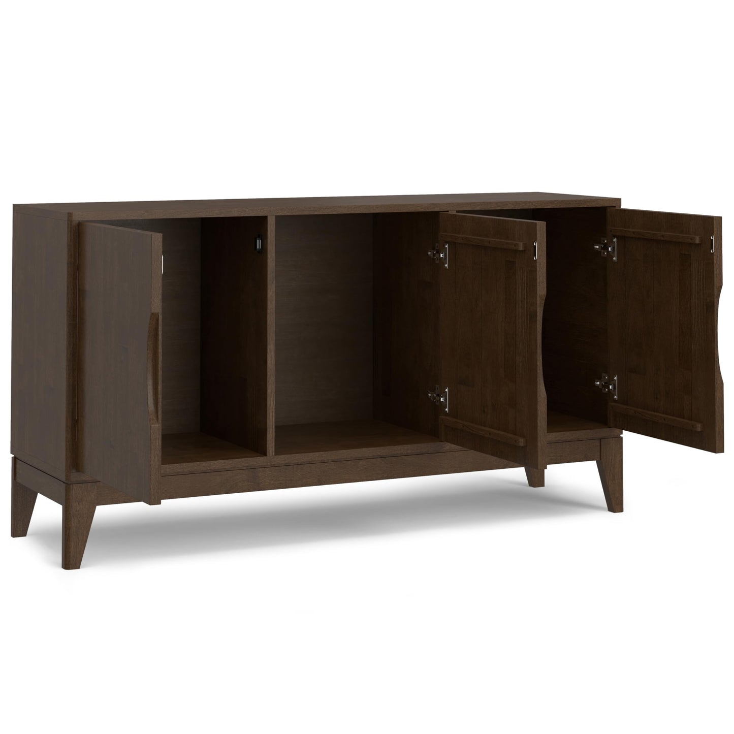 SIMPLIHOME Harper Buffet - 60 inch Wide Solid Wood 3-Door Sideboard Buffet in Walnut Brown, Mid-Century Modern Cabinet for Dining Room or Kitchen with Adjustable Shelves and Tapered Legs