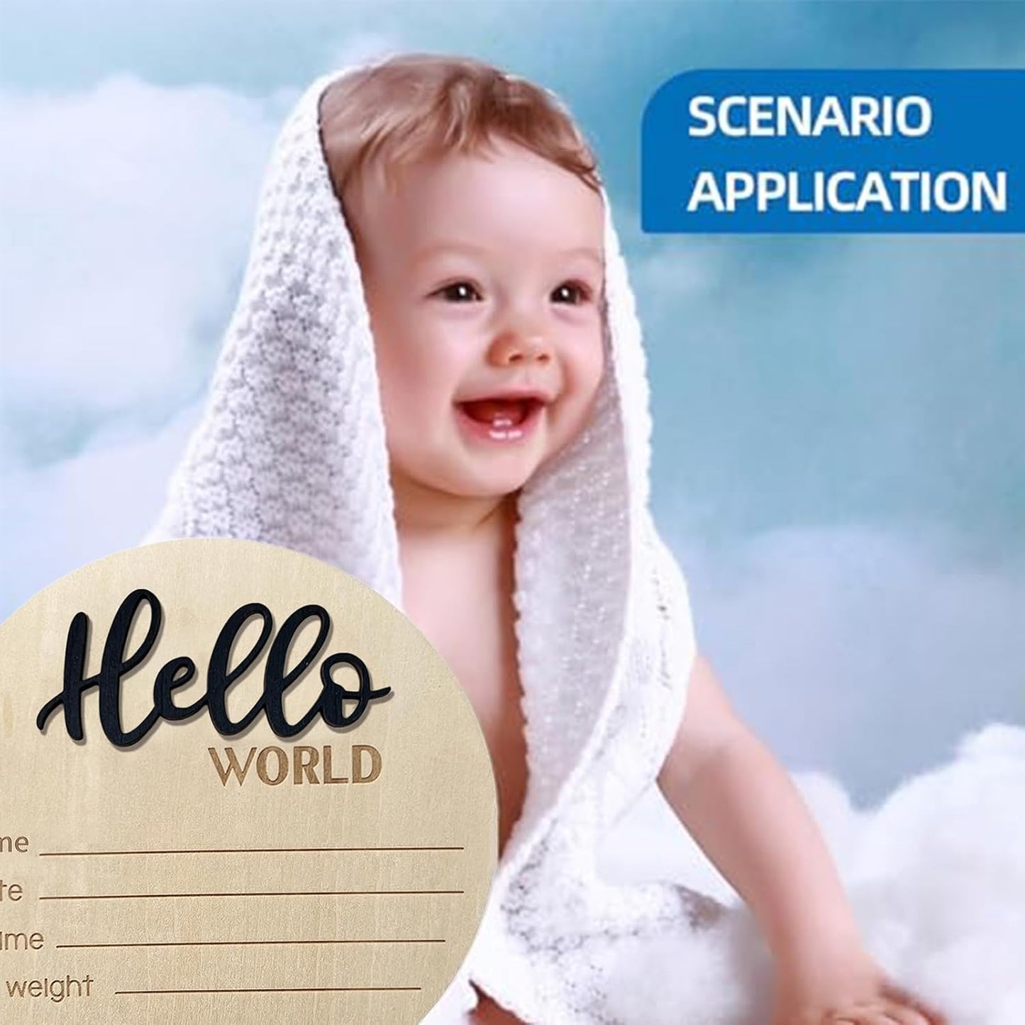 LZEDIRA 5.9 Inch Baby Announcement Sign, Wooden Hello World Newborn Sign Birth Announcement Signs, Hello World Nursery