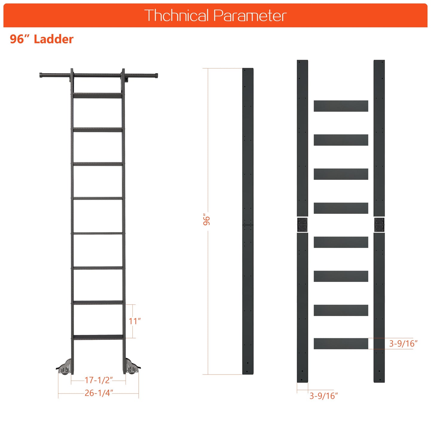 DIYHD 96" Sliding Library Ladder with 8 Steps, Telescopic Top Hook, Lightweight Rolling Ladder with Upright Space-Saving Storage, Kit with 4FT Sliding Rail, Bottom Rollers, 300lbs Capacity, Black
