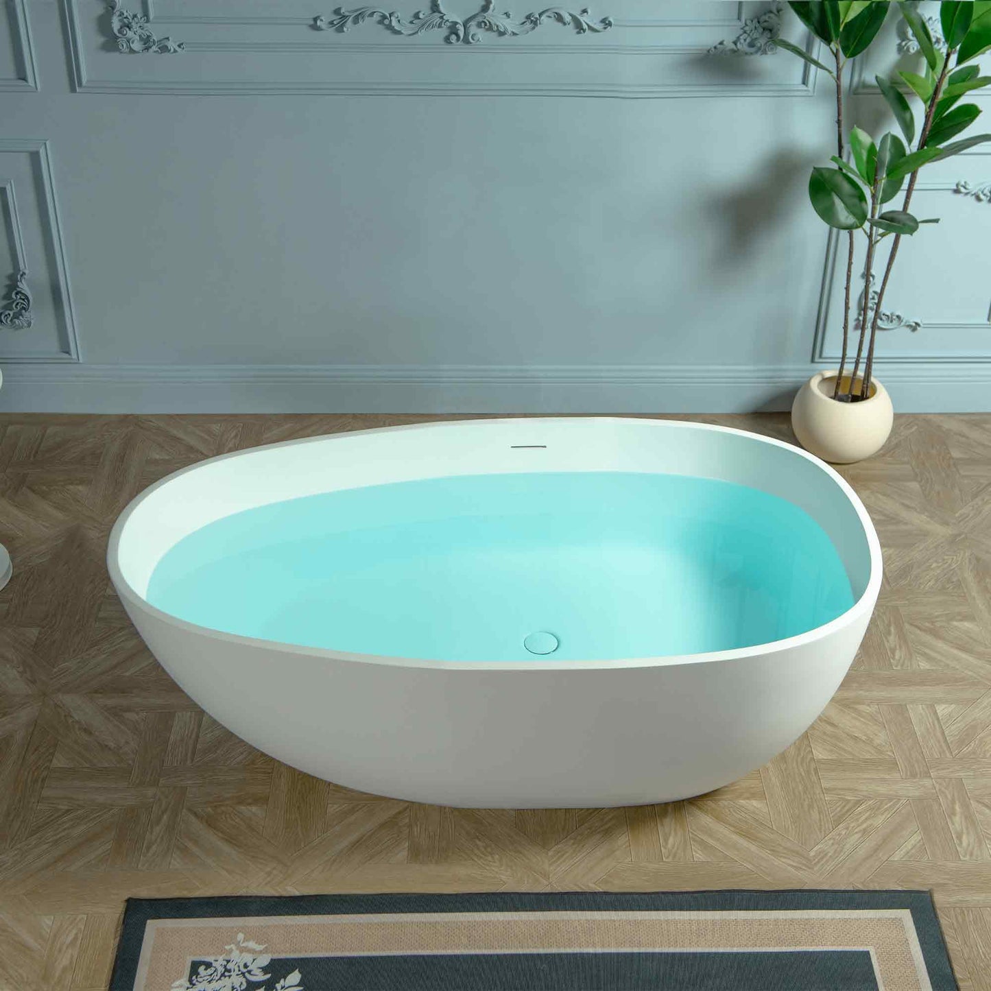 WOODBRIDGE 59" Egg-Shaped Solid Surface Freestanding Soaking Tub, Modern Oval Stone Resin Bathtub with Integrated Slotted Overflow & Drain, Matte White, EST0701