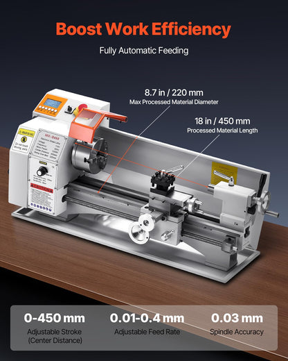 VEVOR Metal Lathe Machine, 8.7 x 18 in, Precision Bench Power Metal Lathe, Automatic Feed, 0-2500 RPM Variable Speed, 1250W Brushless Motor, for Processing Precision Parts Soft Metals Wood Plastics